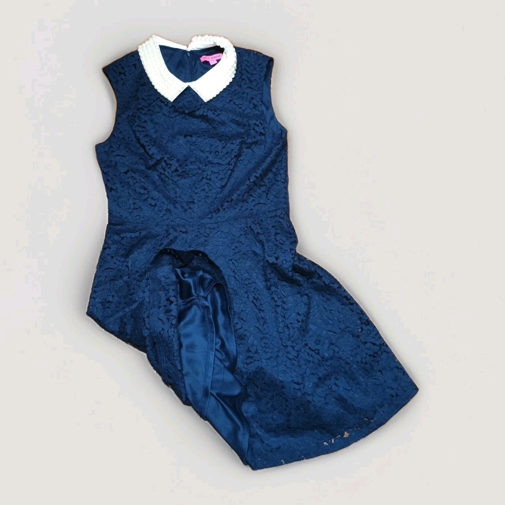 Betsey Johnson Sz12 FauxPearl Collar Sleeveless Fit & Flare Lace Dress Navy Blue